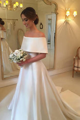 A-line Off Shoulder Simple Satin Long Bridal Gown, Hot Wedding Dresses